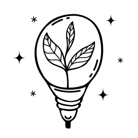 Plant inside light bulb vector icon. A shining bulb with a sprout, a symbol of green energy. Hand drawn doodle isolated on white. Recycling, eco-friendly power, bio concept. For logo, web, apps, printのイラスト素材
