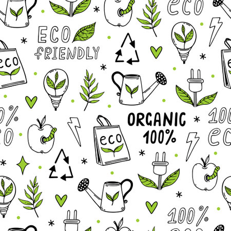 Eco doodles seamless vector pattern. Symbols of environmental care - bioenergy, recycling, organic food. Go green, zero waste. Bio power, natural product. Background for wallpapers, posters, wrappingのイラスト素材
