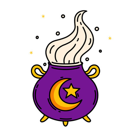 Witch cauldron vector icon. Purple boiler with gold handles, decorated with magic symbols - crescent, star. Flat cartoon clipart isolated on white. Potion with steam. Illustration for webのイラスト素材