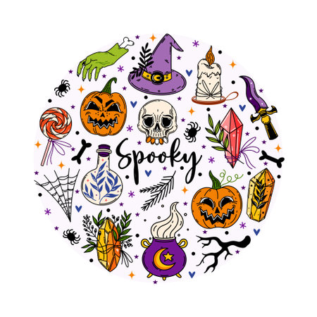 Halloween vector set. Holiday symbols - pumpkin, spider web, witch hat, magic potion, cauldron, sweets. Flat cartoon clipart isolated on white. Bright spooky doodles. Elements for seasonal decorationのイラスト素材