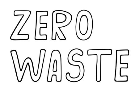 Zero waste. Symbol of ecology, recycling, environmental care. Hand drawn illustration isolated on white. Black vector outline, doodle text. Save the planet, bio emblem. Clipart for print, tags, logoのイラスト素材