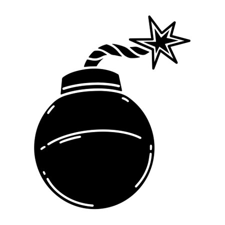 bomb vector icon. A round metal grenade with a burning wick. Hand drawn illustration isolated on white. Dangerous explosive weapons. Simple cartoon doodle, black silhouette. Clipart for logo, web, appsのイラスト素材
