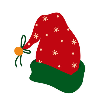 Christmas elf hat vector icon. Red headdress with green fur, jingle bell, bow and snowflakes. Santa Claus helper cap. Flat cartoon clipart isolated on white. Illustration for cards, posters, printsのイラスト素材