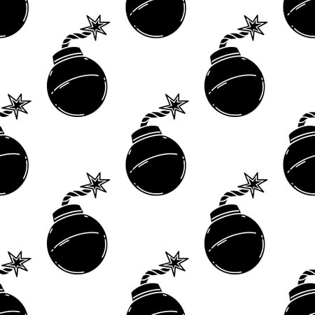 Bombs seamless vector pattern. A round metal grenade with a burning wick. Illustration isolated on white background. Dangerous explosive weapons. Black silhouette of dynamite. For wallpaper, textileのイラスト素材