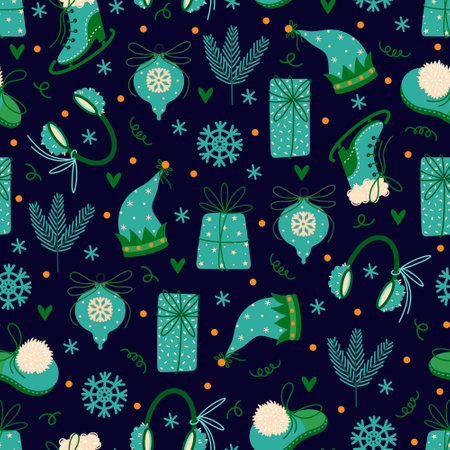 Merry Christmas and Happy New Year seamless vector pattern. Flat holiday symbols - gifts, snowflakes, toys, ice skates, Santa Claus hat. Dark cartoon background for wallpaper, prints, posters, cardsのイラスト素材