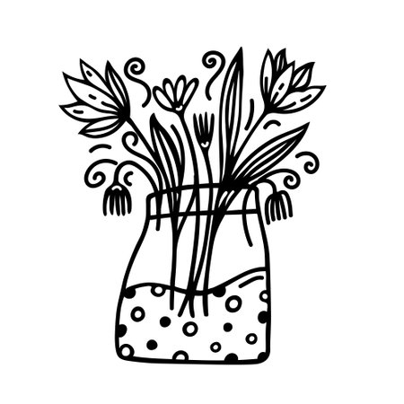 Flowers in a vase vector icon. Hand drawn simple doodle isolated on white background. Wildflowers in a glass jar with water. Meadow herbs, tulips, daisies with leaves. Clipart for cards, invitationsのイラスト素材