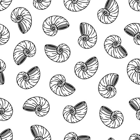 Nautilus shells seamless vector pattern. Hand drawn simple doodle on white background. Round seashell, underwater mollusk or snail. Seafood, delicious delicacy. Flat backdrop for menu, prints, wallpaperのイラスト素材
