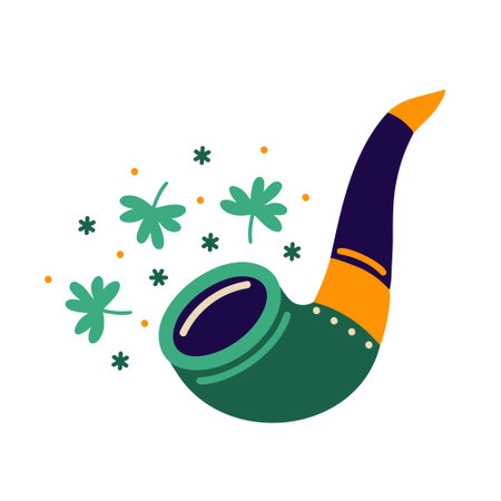 Tobacco pipe vector icon. Wooden Irish smoking accessory. St. Patrick's day symbol, shamrock for good luck. Clover leaves fly out of a pipe.Flat cartoon clipart isolated on white. For cards, postersのイラスト素材