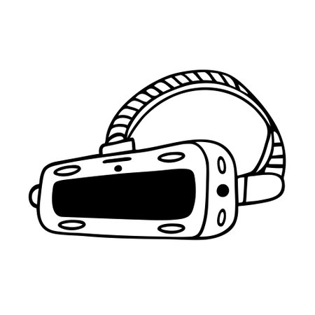 VR headset, virtual reality glasses. Vector icon isolated on white background. Modern technology. Gadget for entertainment, games. Simple doodle, black outline, line art. Clipart for logo, apps, webのイラスト素材