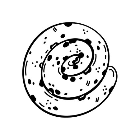 Danish bun with raisins. simple vector icon. Rolled up sweet pastry. food sketch. Illustration isolated on white. Black outline, line art. Delicious dessert, classic baking. Clipart for menu, webのイラスト素材