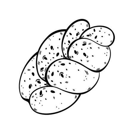 Challah vector illustration. Unleavened Jewish bread, holiday pastries for Shabbat. Fresh egg bun with crispy crust, sesame seeds. Simple icon isolated on white. Food sketch, line art. For menu, webのイラスト素材