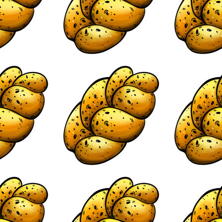 Challah seamless watercolor pattern. Jewish bread, holiday pastries for Shabbat. Fresh egg bun with crispy crust, sesame seeds. Appetizing tasty loaf. Background for menu, wrapping paper, packagingの写真素材