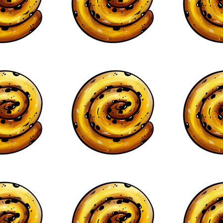 Danish bun with raisins and chocolate. Seamless watercolor pattern. Rolled up sweet pastry. Food sketch with outline. Delicious dessert, classic baking. Background for menu, wrapping paper, webの写真素材