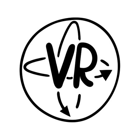 VR vector icon. 360 degree rotation, virtual reality sign. Symbol of gaming gadget, smart glasses. Hand drawn doodle isolated on white. Simple sketch, line art. Clipart for logo, apps, webのイラスト素材