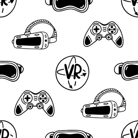 VR gadgets seamless vector pattern. Glasses of virtual and augmented reality. Joystick, move controller. Modern equipment, device for games, 3D viewing, esports. Background for wallpaper, packagingのイラスト素材
