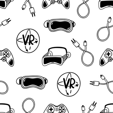 VR gadgets seamless vector pattern. Virtual and augmented reality. Joystick, charging, glasses. Modern equipment, device for games, 3D, esports. simple doodle. Background for wallpaper, packaging, webのイラスト素材