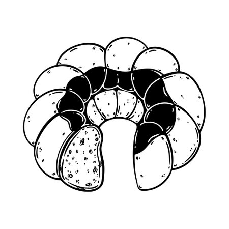 Gugelhupf sponge cake vector illustration. Traditional German pie with biscuit dough and glaze. Delicious ring pastry. Sweet dessert, food sketch isolated on white. Clipart for menu, Easter, webのイラスト素材