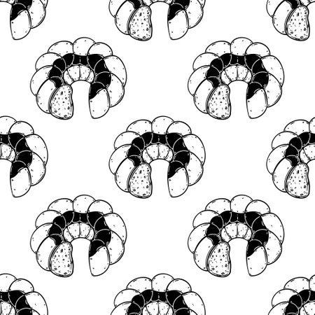 Gugelhupf sponge cake seamless vector pattern. Traditional German pie with biscuit dough and glaze. Delicious ring pastry. Sweet dessert food sketch. Black and white background for packaging, menuのイラスト素材