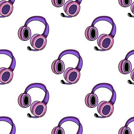 Headphones seamless vector pattern. Modern gadget for games, music, DJ, streaming, blogging, podcast. Pink device with a microphone, headset. Flat cartoon background for posters, packaging, webのイラスト素材