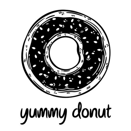 Donut vector icon. Fresh glazed donut with sweet sprinkle, chocolate. Illustration isolated on white. Yummy fried dessert for breakfast. Simple silhouette, food sketch. Clipart for logo, web, appsのイラスト素材