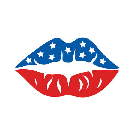 American flag color lips, simple vector icon. Bright blue-red kiss with white stars. USA Independence Day, July 4th. traditional national holiday. Flat cartoon clipart for cards, posters, print, webのイラスト素材