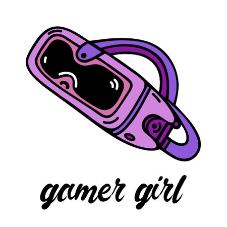 Headset, virtual reality glasses. Bright pink VR or AR gadget for video games, 3D. Vector icon isolated on white. modern tech. Flat cartoon doodle, gamer girl. Clipart for posters, print, logo, webのイラスト素材