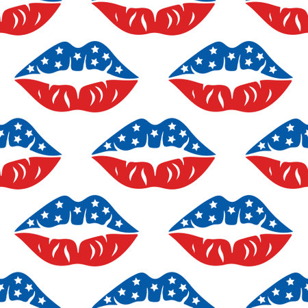 American flag color lips seamless vector pattern. Bright blue-red kiss with white stars. USA Independence Day, July 4th. traditional national holiday. Flat cartoon background for posters, print, webのイラスト素材