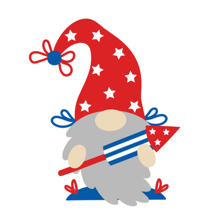 Cute patriotic gnome by July 4th. American Independence Day. Grey-haired elf with a firecracker, fireworks. A dwarf in a hat with stars, the colors of the USA flag. Vector clipart isolated on whiteのイラスト素材