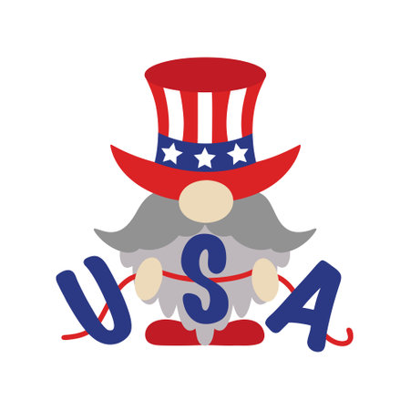 Cute patriotic gnome by July 4th. American Independence Day. A gray-haired elf with a beard and mustache holds a USA garland. Leprechaun in a traditional hat. Cartoon vector clipart isolated on whiteのイラスト素材