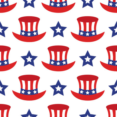 American top hat vector pattern. Traditional national cap with stars, white stripes. USA Independence Day, July 4th. freedom holiday. Flat cartoon background for posters, print, card, webのイラスト素材