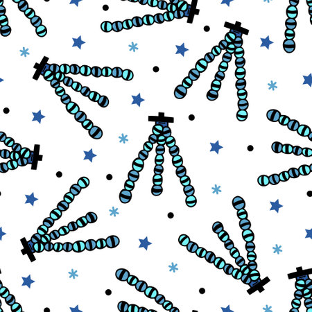 Tripod seamless vector pattern. Holder for camera, phone, LED lamp. Bright blue stand for stream, blog, video, photo, podcast. Modern device with stars. Flat cartoon background for posters, print, webのイラスト素材