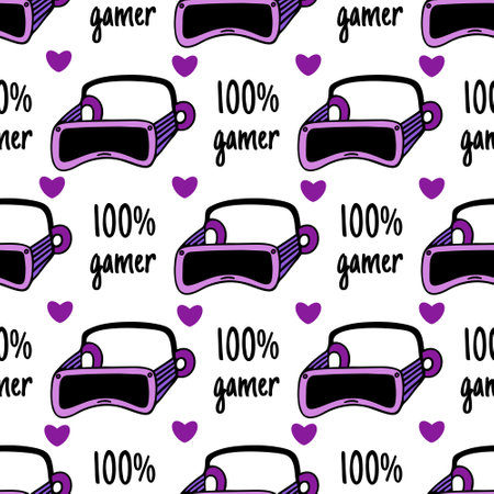 VR headset seamless vector pattern. Glasses, helmet of virtual or augmented reality, 100% gamer. Bright modern tech, device for games, 3D. Flat cartoon background for packaging, posters, print, webのイラスト素材