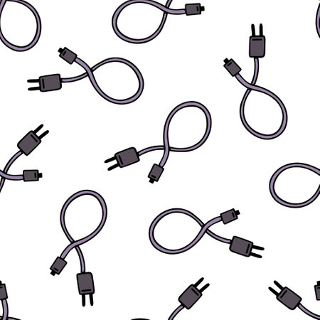 Mobile phone charger seamless vector pattern. Gray USB cable with adapter for charging smartphone, tablet, gadgets. Hand drawn doodle. Flat cartoon background for wallpaper, wrapping paper, print, webのイラスト素材