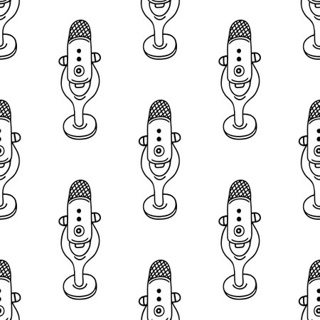 Microphone seamless vector pattern. Device on a stand for podcast, stream, karaoke. Simple doodle, line art. Studio gadget for recording music. Black and white background for posters, packaging, webのイラスト素材