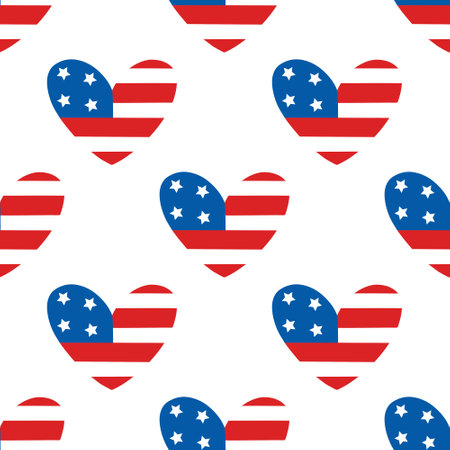 American flag heart seamless vector pattern. USA symbol with stars, stripes. Traditional patriotic sign for July 4th, Independence Day. Liberty holiday. Flat cartoon background for poster, print, cardのイラスト素材