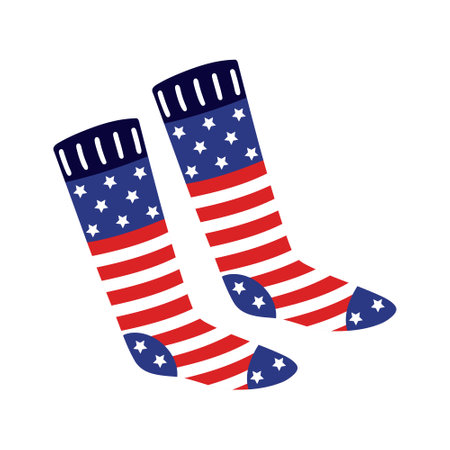 american flag socks. Bright warm stockings with stars, stripes. Patriotic clothing for USA national holidays. Knitted accessory isolated on white. Flat cartoon clipart for posters, print, logo, webのイラスト素材