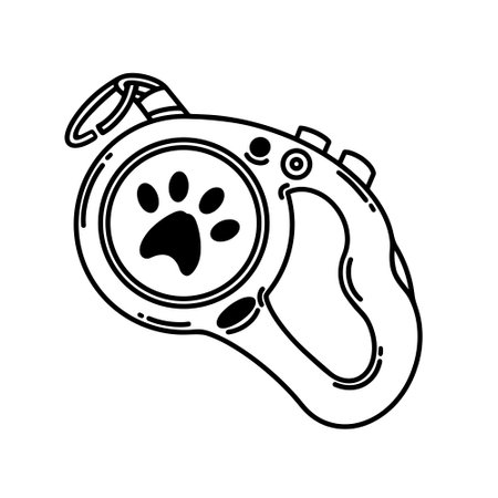 Retractable pet leash vector icon. Accessory for dog or cat with paw. A modern device for walking with animals, training, protection. simple sketch. Black and white clipart for logo, print, webのイラスト素材