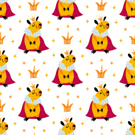 Cute fluffy capybara seamless vector pattern. Pretty pet with crown, royal mantle. Exotic animal, tropical rodent. flat cartoon illustration. Bright baby background for posters, print, wallpaper, webのイラスト素材