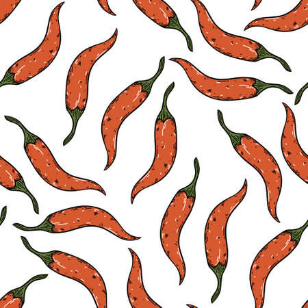 Red hot pepper seamless vector pattern. Fresh ripe chili vegetable. Spicy cayenne seasoning for Mexican, Asian fast food. Hand drawn illustration, simple sketch. Bright background for posters, menuのイラスト素材