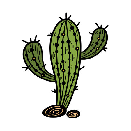 Saguaro cactus vector icon. Green desert plant with stones. Cute prickly succulent isolated on white. Hand drawn illustration with outline. Flat cartoon clipart for posters, print, web, cardのイラスト素材