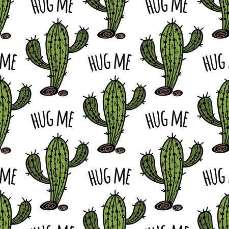 Saguaro cactus seamless vector pattern. Green desert plant with stones. Hug me, cute prickly...