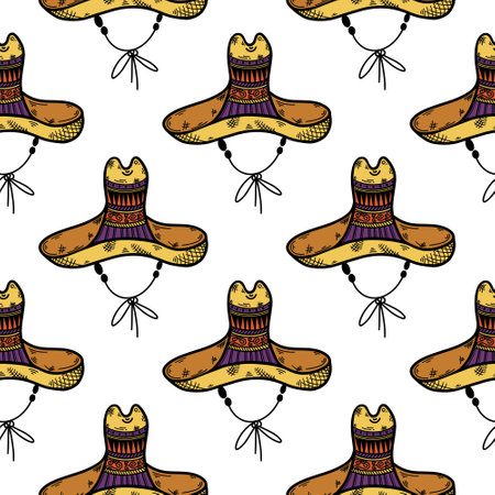 Sombrero seamless vector pattern. Traditional Mexican straw hat for cinco de mayo, holiday, festival, carnival. National headdress with a bright drawing. Flat cartoon background for posters, printのイラスト素材