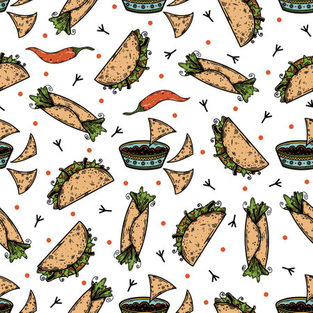 Mexican traditional fast food seamless vector pattern. Fresh burrito, taco, nachos, hot chili. National spicy meal with meat, sauce, tortilla. Tasty street snack. Background for posters, menu, printのイラスト素材