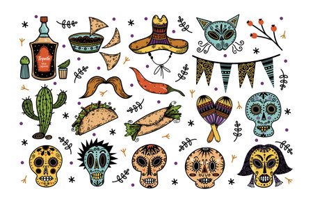 The Day of the Dead vector set. Mexican holiday symbols - sugar skull, sombrero, cactus, maracas, tequila, taco, chili. Decorations for the el Dia de Muertos. Flat cartoon clipart for carnival, printのイラスト素材