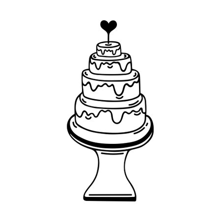 Tiered wedding cake vector icon. Tasty festive pie with cream decorated with a heart. Fresh baked goods on a stand. Vintage classic dessert for engagement, marriage, party. Doodle isolated on whiteのイラスト素材