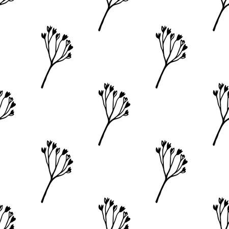 Gypsophila flower seamless vector pattern. Beautiful baby's breath plant. Wild or garden herb for a wedding, marriage, engagement. Simple sketch. Black and white botanical background for print, cardsのイラスト素材