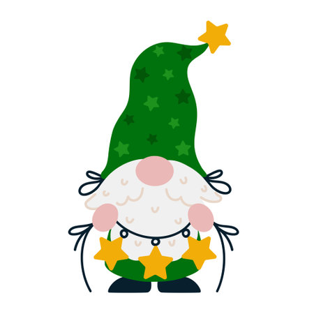 Bearded Christmas gnome vector illustration. A gray-haired elf holds a garland with stars in his hands. Santa Claus helper in a stocking cap and green clothes. Flat cartoon clipart for print, cardのイラスト素材