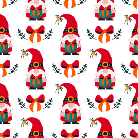 Cute Christmas gnome seamless vector pattern. A gray-haired elf with a beard holds a holiday gift with a bow. Santa Claus helper in a stocking cap with mistletoe branches. Flat cartoon backgroundのイラスト素材