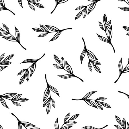 A branch with leaves seamless vector pattern. Twigs of a forest or garden tree. Fresh field plant, meadow herb. Hand drawn botanical doodle. Floral black and white background for posters, print, webのイラスト素材