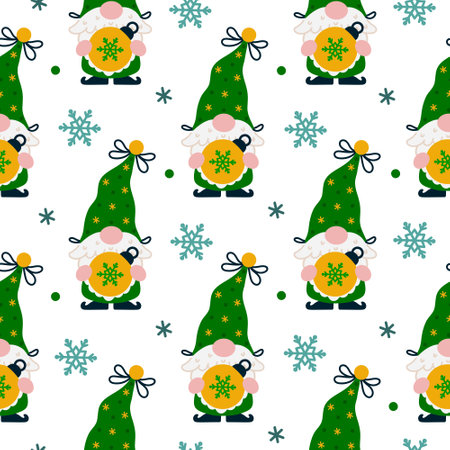 Cute bearded gnome with Christmas ball seamless vector pattern. An old elf holds a festive toy with a snowflake. Santa Claus helper in a stocking cap with a golden bell, bow. Flat cartoon backgroundのイラスト素材
